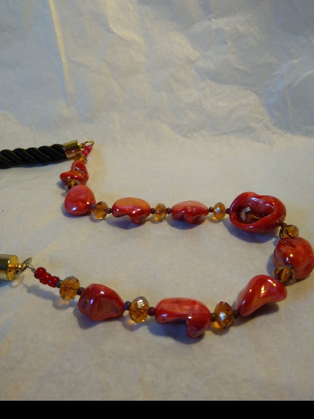 Handcrafted Ruby Red Shell Beaded Women's Rope Cord Necklace